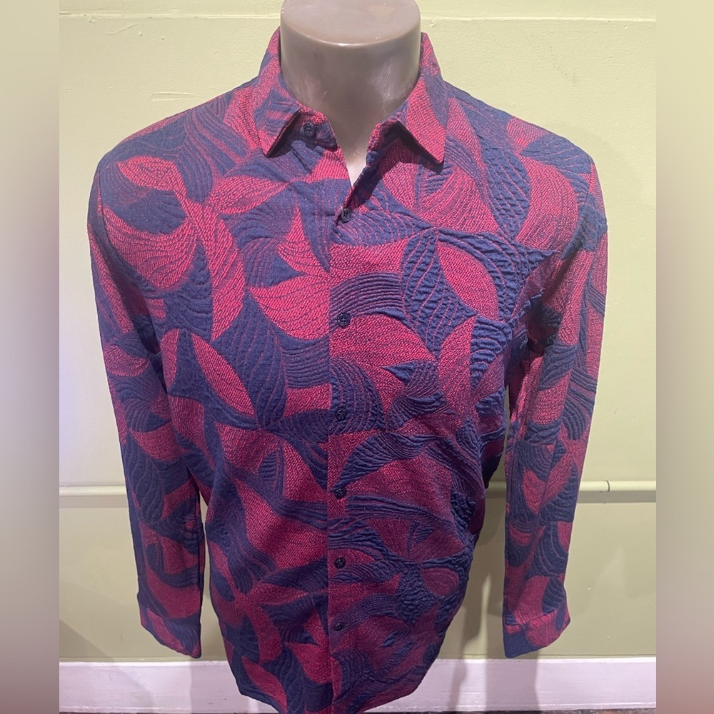 Deniko Men's Red and Blue Patterned Shirt button front stretchy floral